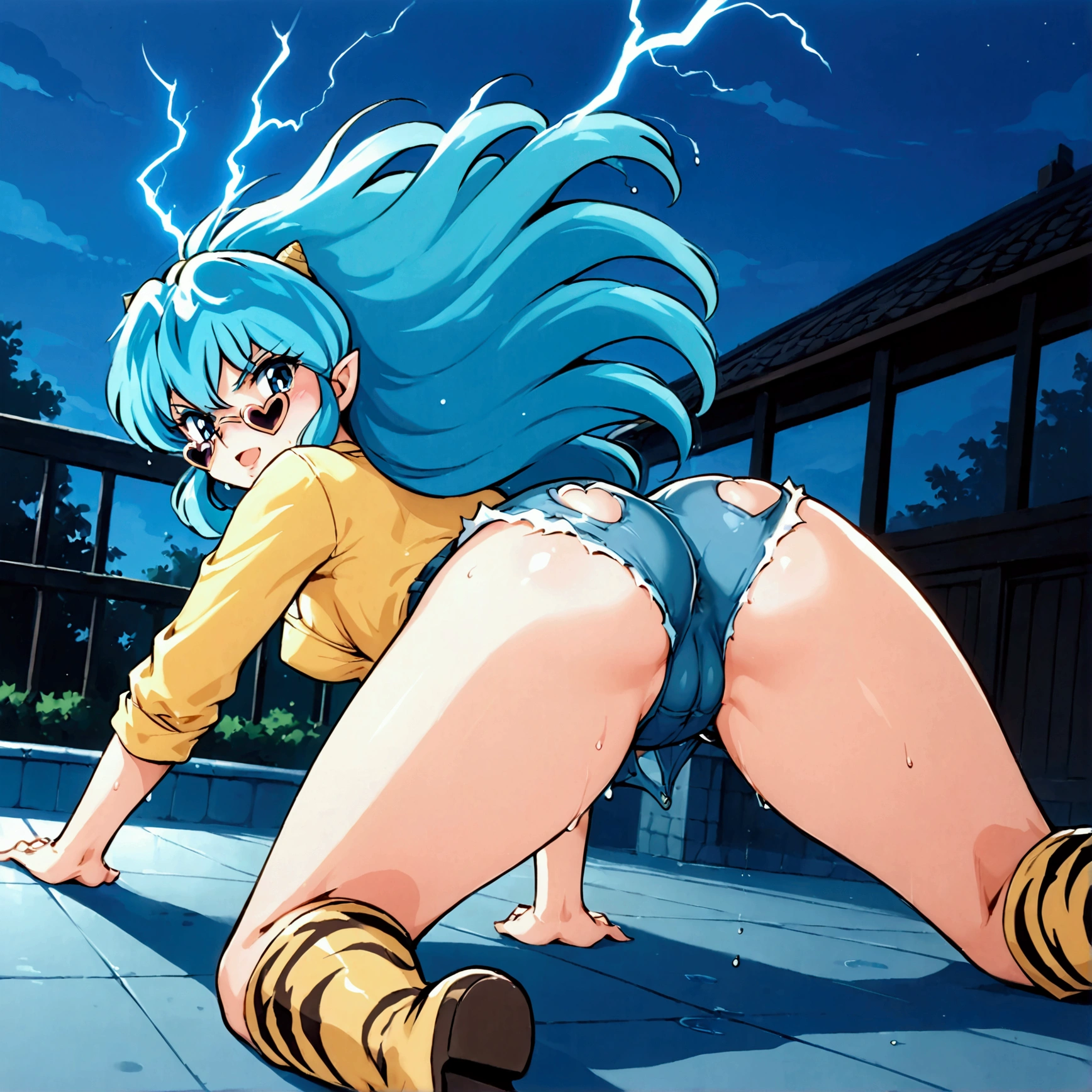 score_9, score_8_up, score_7_up, 1980's style, JK, retro, source anime, flat color, (masterpiece), (best quality), (ultra-detailed), (illustration), (an extremely delicate and beautiful). lum, 1girl, solo, (moonlight), dynamic angle, Beautiful, ager, (nsfw:0.85), ((baby face)), (intense colors), blue hair, blue eyes, (tiny horns), pointy ears, aqua hair, eyeshadow, cute, heart sunglasses, heartglasses, big perky breasts, (dramatic lighting), cute girl, sweaty, blush, blushing, makeup, teasing smile, open mouth, licks lips, horny, drunk, angry. Clothes: poncho, (tiger-stripped poncho), tight tiger-stripped jean shorts with frayed edges, cut off tiger-stripped_ jean_shorts, tiny jean shorts, ripped jean shorts on ass, torn jean shorts anus, cropped tiger-stripped poncho, (unbuttoned), bottomless, yellow tiger-stripped thigh boots, yellow tiger-stripped knee boots, dressed slutty. Background: motel, roof of motel, high floor, on water, (wet:1.3), indoors, night, moonlight, angry, looking at viewer, from below. Pose: spread legs, leaning back, kneeling, dynamic posing, showing ass to viewer, facing away, Expressiveh, from below, from side, elegant, erotic, sensual, (from the side, booty up, ass up, doggy style). in ru_ta artstyle, Spark effect, (electrokinesis, electricity:1.5), ((flying, floating in air, anime, floating hair, wide view, from far)), semi realistic, thick thighs, (cameltoe:1.1), back, ass, lying on its side, Expressiveh,