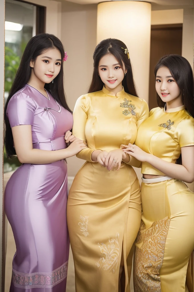 Three Myanmar girls compete with long hair and charismatic beauty owners / smiles, as well as /high hips/a few waists / traditional dresses Clean clothing/sealed silk reflected / decorated silk / artificial / clear maximum image/3D HD