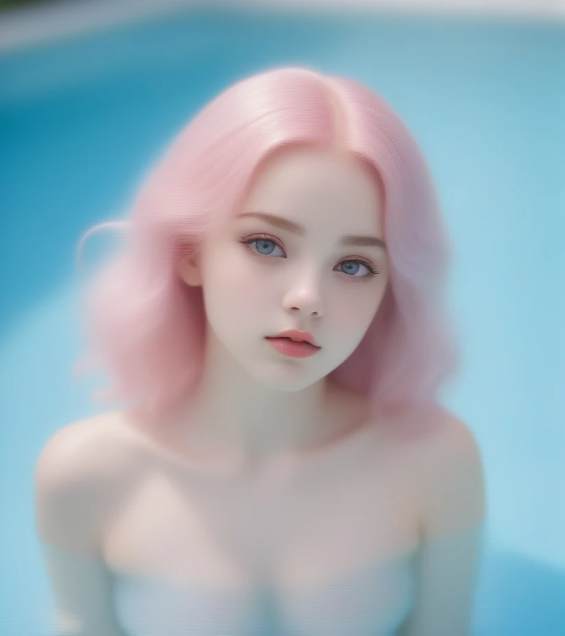 ((top-quality)), ((​masterpiece)), ((ultra-detailliert)), (extremely delicate and beautiful), (clear), Create an image of a girl with pink hair and pink eyes. Her hair is long and slightly wavy, with a few strands falling over her face. She is in a modern swimming pool, with clear blue water reflecting the sunlight. She is wearing a stylish, light blue swimsuit that complements her hair and eye color. The girl is standing waist-deep in the water, with her hair wet and clinging to her shoulders. She has a playful and cheerful expression, with a slight blush on her cheeks, as she splashes water with one hand. The background features a bright and sunny day, with a few fluffy clouds in the sky and some green plants around the pool area. The overall mood is fun and refreshing, capturing a lively summer day.