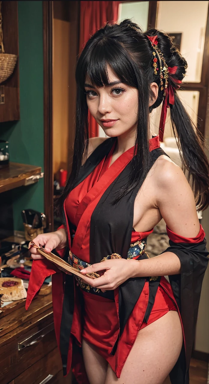 beautiful girl wearing SEX kimono , ponitail black hair