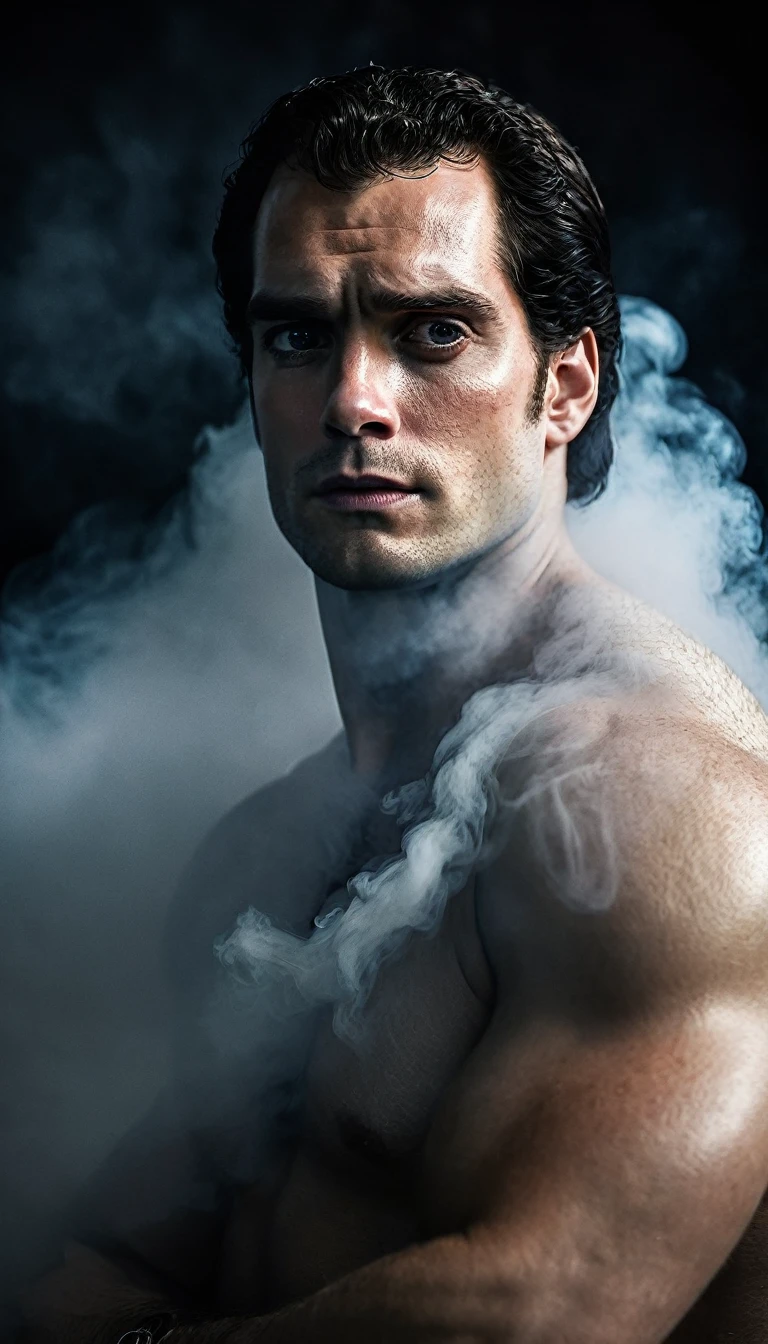 RAW photo beautiful portrait, Henry Cavill super-homem, piercing look, high-quality textures, high-quality shadows, high détail, Beautiful Detail, fine-details, Extremely detailed computer graphics, detailed textures, realistic faces, atmosphere of fear and discomfort, sensual moment from the point of view of someone hugging a muscular man bathed in smoke with glowing laser eyes