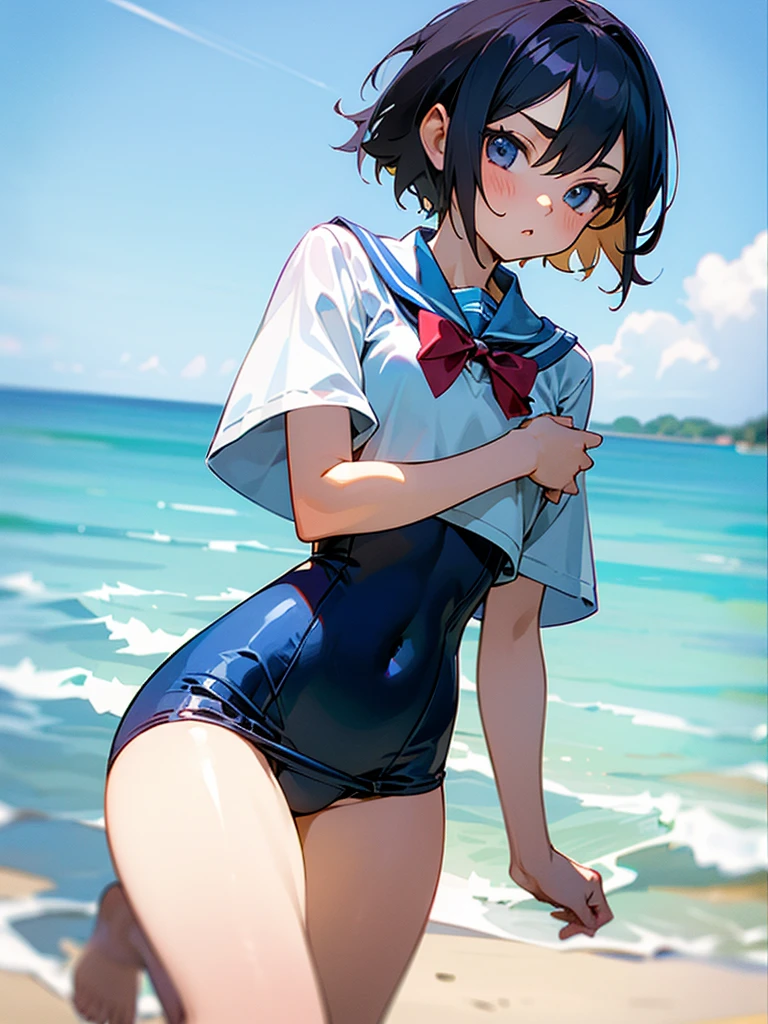 1 girl, short hair, small childish body, swimsuit, school suit, , slim waist, thin thighs,