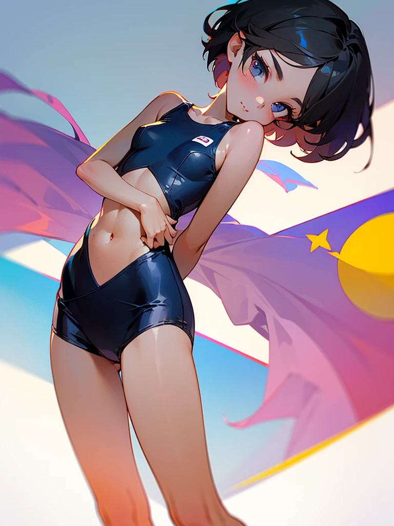 1 girl, short hair, ish body, swimsuit, school suit, , slim waist, thin thighs, 