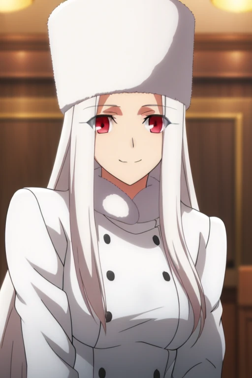 Irisviel Von Einzbern, (large breasts), oversized breasts, long hair, white hair, white fur coat, white fur hat, solo, facing the viewer, looking at the viewer, smile, closed mouth, indoors, blurry background