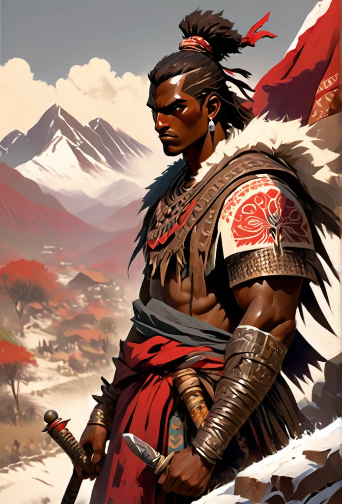 Ultra Realistic, Highly Defined Details, Rose flower, Snowy Mountain Range, Shadowy Distant Back Drop, Bones Liter The Ground, Shandy Color Shading Capturing the Mode, Young Adult African Male Villager, holding a Rose Flower, On Top Of Tall Mountain, Piercing Gaze, Serious Sharp Facial Features, Fit Athletic Muscular Physique, Bone Mail Armor, Peaces of tribal decorations tied to armbands, Bone chest plate armor, Lightly armored belt buckle dagger and in a sheath, Bone carved Hilt and Sword, wrapped in crimson decorated cloth Worn On the Back, Dark Crimson Cloak, Distant Shot Full Body View, Holding a Flaming Rose, Snowy Day, Snowy Mountain, Snow on the Ground, A lot of Snow, Tribal Village, Distance Shot, Distant Angle, 