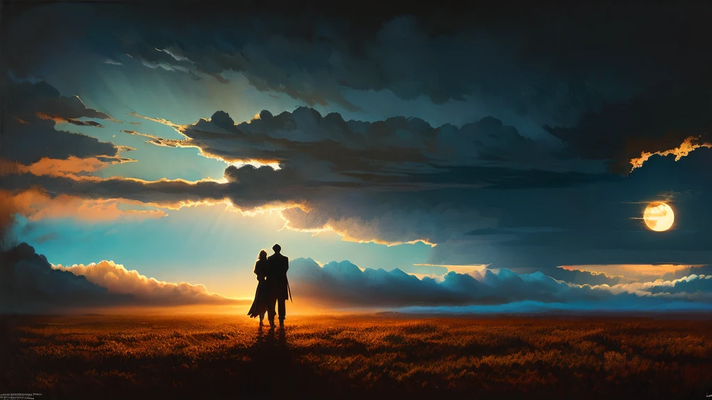 Detailed oil painting of the sun with the moon in the background, 非Realisticで夢のような風景, (Highest quality,4K,8k,High resolution,masterpiece:1.2),Very detailed,(Realistic,photoRealistic,photo-Realistic:1.37),Dramatic lighting,Dramatic contrast,Vibrant colors,Dramatic Sky,Gloomy atmosphere,Fantasy elements,Inspired by Bill Sienkiewicz,Dramatic clouds,Dramatic lighting,Dramatic Shadows,Dynamic configuration,dramatic silhouette,Intricate details,Thick brushwork,Texture Canvas,Atmospheric perspective,Dramatic colors