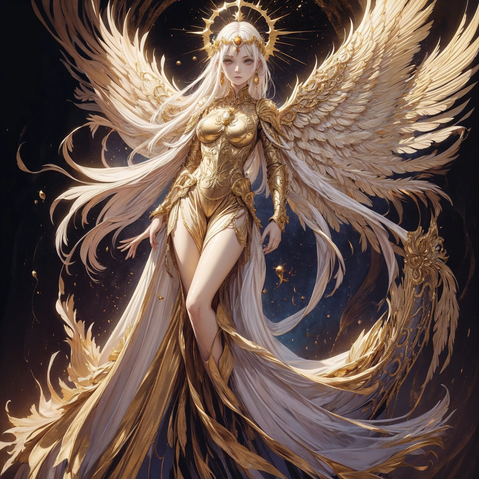 Art of Woman Wearing Sun Crown, Wearing a gorgeous golden breastplate that exposes a small amount of skin above the chest, Wearing a gorgeous golden dress, A pair of giant angel wings taller than the body spread out behind the woman., ancient goddess art, Sacredness. Very detailed, Mysterious inspiration, Inspiration from the Sun God, Religious inspiration, A divine background, Cold and snobbish face, Dangerous expressions, White hair, Standing pose floating in the air, One of the hands holds a brilliant sphere as bright as the sun., Full body portrait, Gothic art style, Weird art style, Occult art