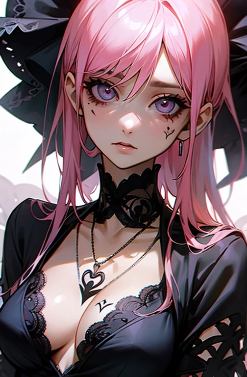 Cool women、y、Center of chest、Rize from Chainsaw Man、beauty、Yandere、、Face close-up、Chest tattoo、Christian Dior Necklace、、(Pink Hair).(Black lace dress)、(solo)、point the muzzle at the viewer、