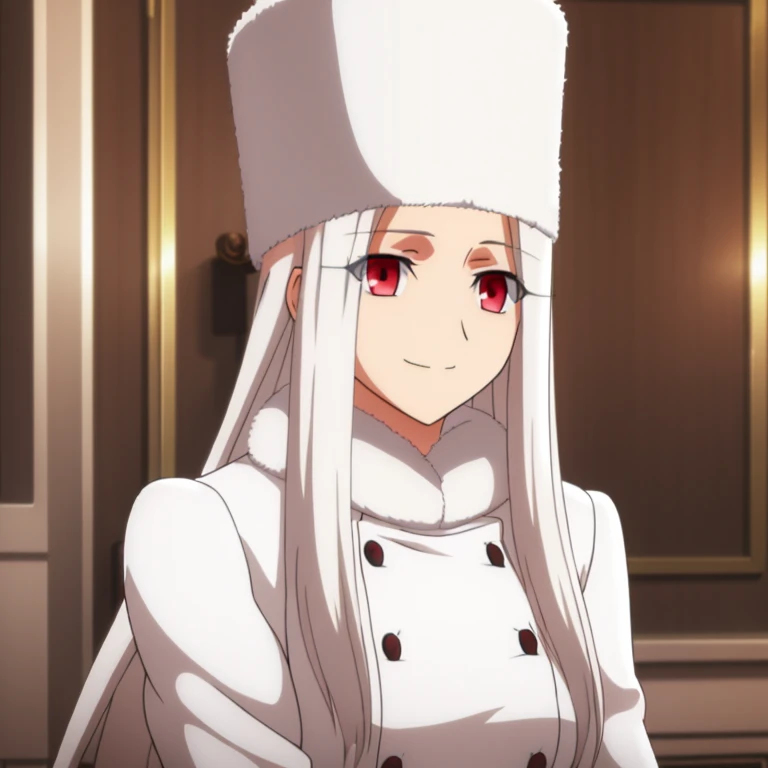 Irisviel Von Einzbern, (large breasts), oversized breasts, long hair, white hair, white fur coat, white fur hat, solo, facing the viewer, looking at the viewer, smile, closed mouth, indoors, blurry background