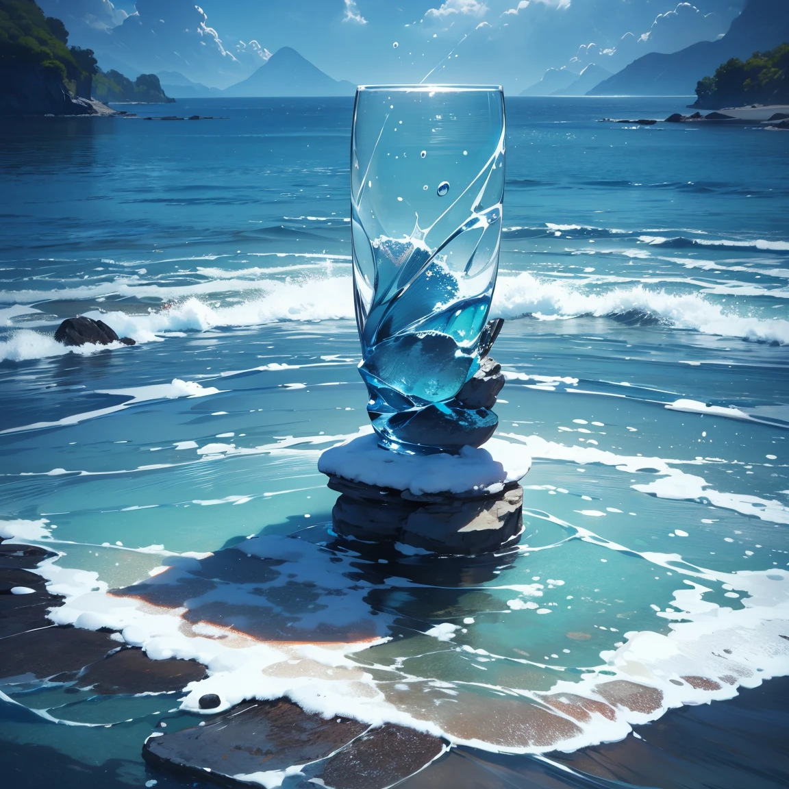 a serene ocean landscape, a calm sea of aquamarine waters, no ripples or waves, tranquil and peaceful water surface, detailed reflection of the sky, crystal clear water, deep aqua blue hues, photorealistic underwater scene, dramatic lighting, dramatic lighting, (best quality,8k,highres,masterpiece:1.2),ultra-detailed,(realistic,photorealistic,photo-realistic:1.37),HDR,UHD,studio lighting,ultra-fine painting,sharp focus,physically-based rendering,extreme detail description,professional,vivid colors,bokeh