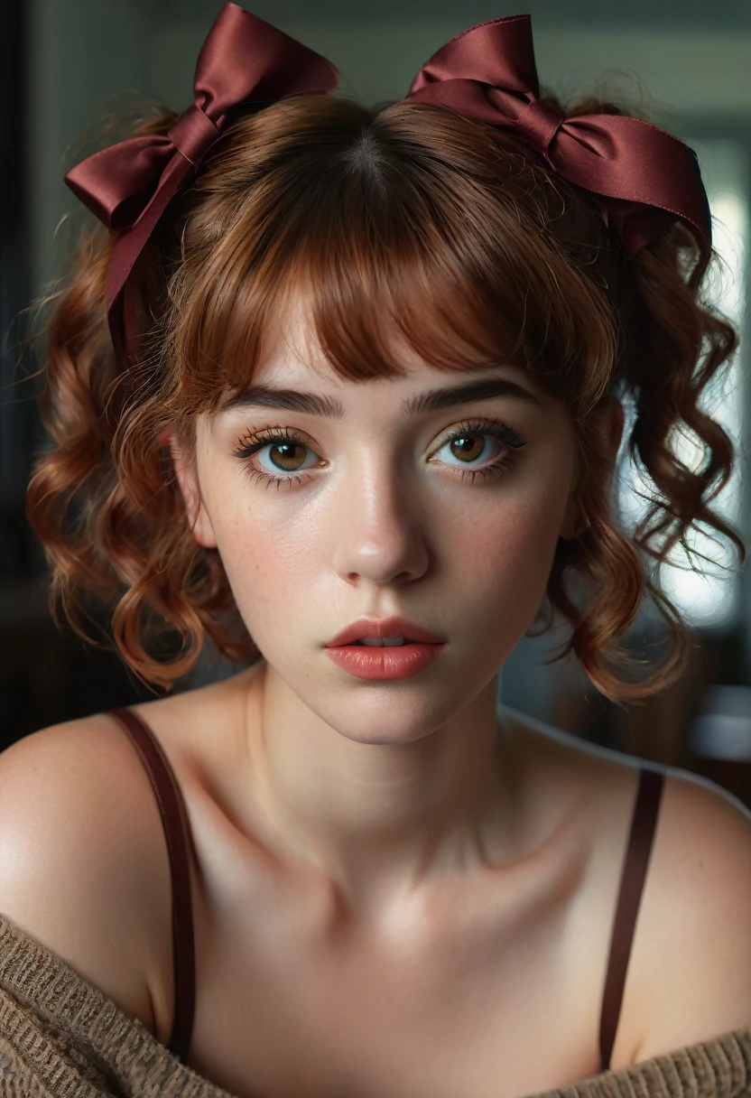 (best quality, 4k, highres, highres face details), illustration, style of Philip Lorca diCorcia, cinematic film still portrait of young girl aged 18 yrs old, 1girl, solo, Instagram model, athletic figure, perfect lips, fake lashes, modest bust size, deep cleavage, pretty face, wearing an off the shoulder brown sweater, wearing jean shorts, red hair, short curly hair, crossed bangs, brown eyes, constricted pupils, hair ribbon, hoop earrings, cinematic lighting, Ultra-Wide Angle, Canon, Hyperrealism, UHD, masterpiece, textured skin, high details, best quality, detailed eyes, detailed iris