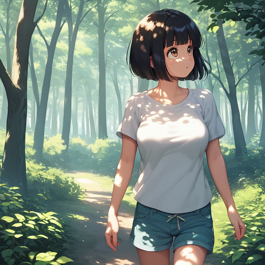 score_9,score_8_up,score_7_up,masterpiece,best quality, source anime, realistic, super detailed, extreme detailed, rating_safe,
1girl, walking, looking up, cowboy shot,
BREAK girl, 22yo, short hair, bob cut, (blunt bangs), black hair, (tareme, detailed cute brown eyes), curled eyelashes, (large breasts:0.9),
shiny hair, beautiful detailed eyes, beautiful face,
plain t-shirt, shorts, outdoors, forest, (shade, dim, sunlight filtering through trees, dappled light:1.2),