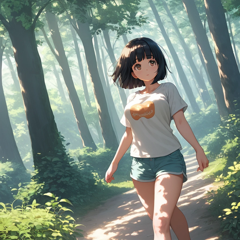 score_9,score_8_up,score_7_up,masterpiece,best quality, source anime, realistic, super detailed, extreme detailed, rating_safe,
1girl, walking, looking up, cowboy shot,
BREAK girl, 22yo, short hair, bob cut, (blunt bangs), black hair, (tareme, detailed cute brown eyes), curled eyelashes, (large breasts:0.9),
shiny hair, beautiful detailed eyes, beautiful face,
plain t-shirt, shorts, outdoors, forest, (shade, dim, sunlight filtering through trees, dappled light:1.2),