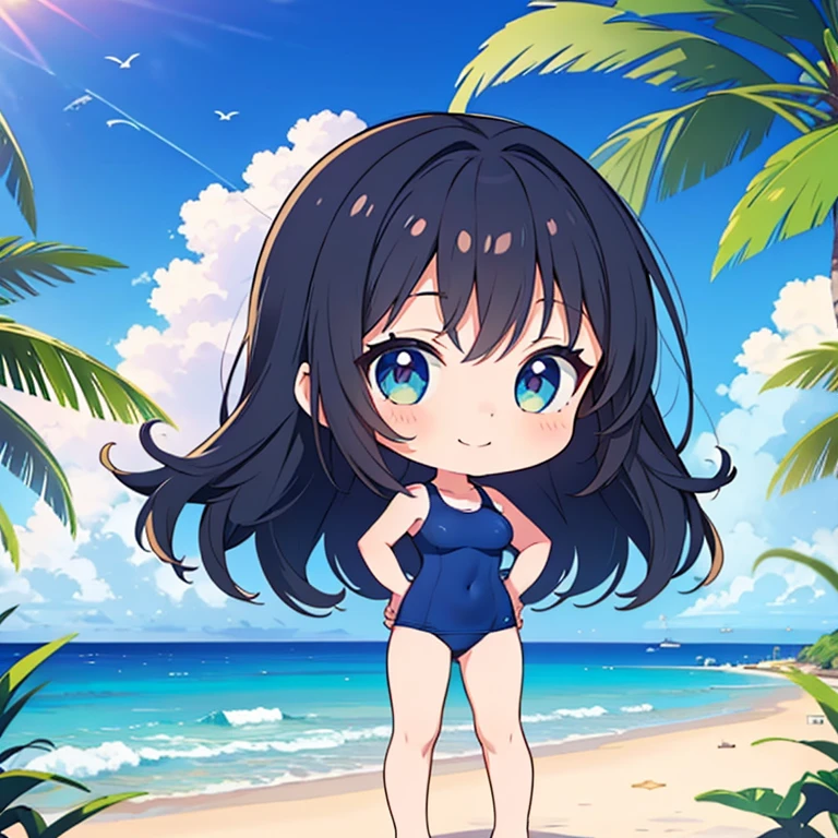 ((Highest quality)), ((masterpiece)), (detailed), Perfect Face, Perfect Arms, Perfect hands, Perfect Fingers, anime, Ultra-fine illustration, (One girl), cute, ((Chibi Character)), Old school swimsuit, barefoot, Long black hair, Large breasts, (Smile:1.3), Are standing, (Place your hands on your hips:1.3), Ocean, Beach, summer, noon, blue sky, Outdoor, Full Body Shot,