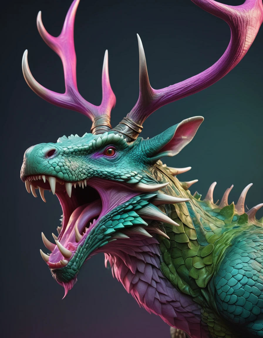 A realistic creature with large antlers, green skin and long tongue in the style of Raphael Lacoste, exotic realism, dragon art, smooth surfaces, pink purple teal color scheme