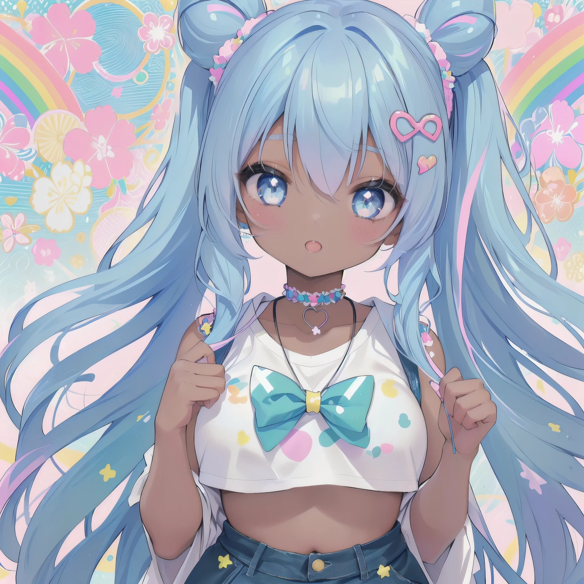 black woman, dark skin, tan, 4c, kawaii decora rainbowcore, doja cat, lisa frank style, wearing pearl neon bikini, portrait of japanese gyaru, decora inspired, belle delphine, lisa - frank, alex yanes and lisa frank, ahegao, candy girl, very aesthetic!!!!!!, in style of lisa frank, there is a woman with blue hair and a white shirt, messy curly pastel hair, pastel blue, sky blue hair, pretty girl with blue hair, light blue hair, very long wavy azure blue hair, beautiful blue haired girl, with blue hair, blue hairstyle, pastel goth aesthetic, straight sky blue hair, girl with blue hair, sky blue straight hair, vibrant pastel colors