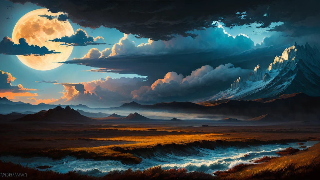 Detailed oil painting of the sun with the moon in the background, 非Realisticで夢のような風景, (Highest quality,4K,8k,High resolution,masterpiece:1.2),Very detailed,(Realistic,photoRealistic,photo-Realistic:1.37),Dramatic lighting,Dramatic contrast,Vibrant colors,Dramatic Sky,Gloomy atmosphere,Fantasy elements,Inspired by Bill Sienkiewicz,Dramatic clouds,Dramatic lighting,Dramatic Shadows,Dynamic configuration,Intricate details,Thick brushwork,Texture Canvas,Atmospheric perspective,Dramatic colors