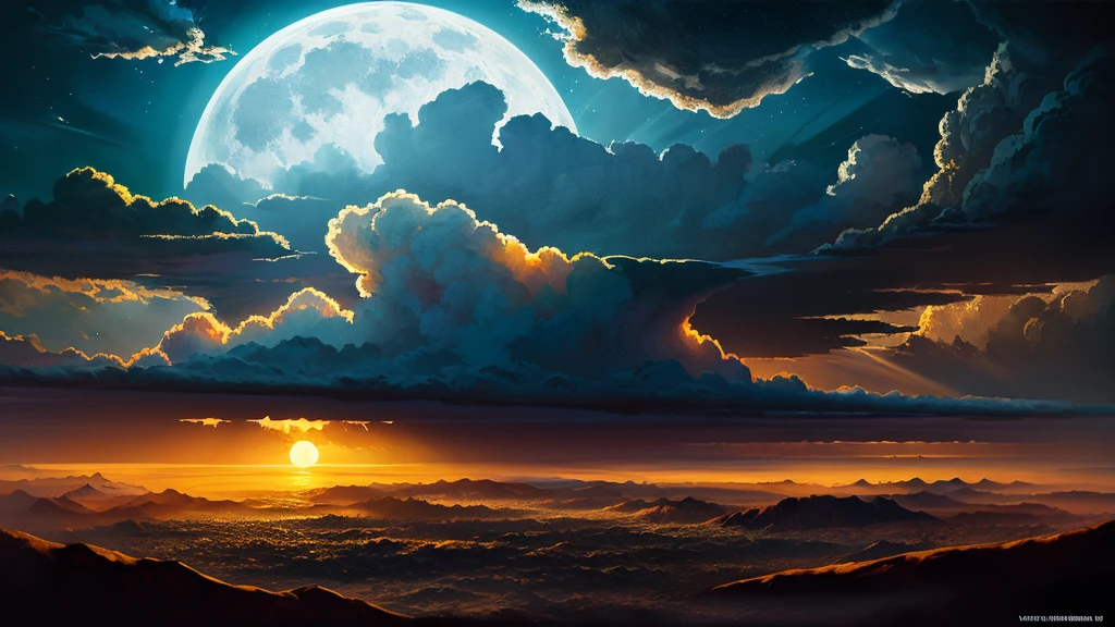 Detailed oil painting of the sun with the moon in the background, 非Realisticで夢のような風景, (Highest quality,4K,8k,High resolution,masterpiece:1.2),Very detailed,(Realistic,photoRealistic,photo-Realistic:1.37),Dramatic lighting,Dramatic contrast,Vibrant colors,Dramatic Sky,Gloomy atmosphere,Fantasy elements,Inspired by Bill Sienkiewicz,Dramatic clouds,Dramatic lighting,Dramatic Shadows,Dynamic configuration,Intricate details,Thick brushwork,Texture Canvas,Atmospheric perspective,Dramatic colors