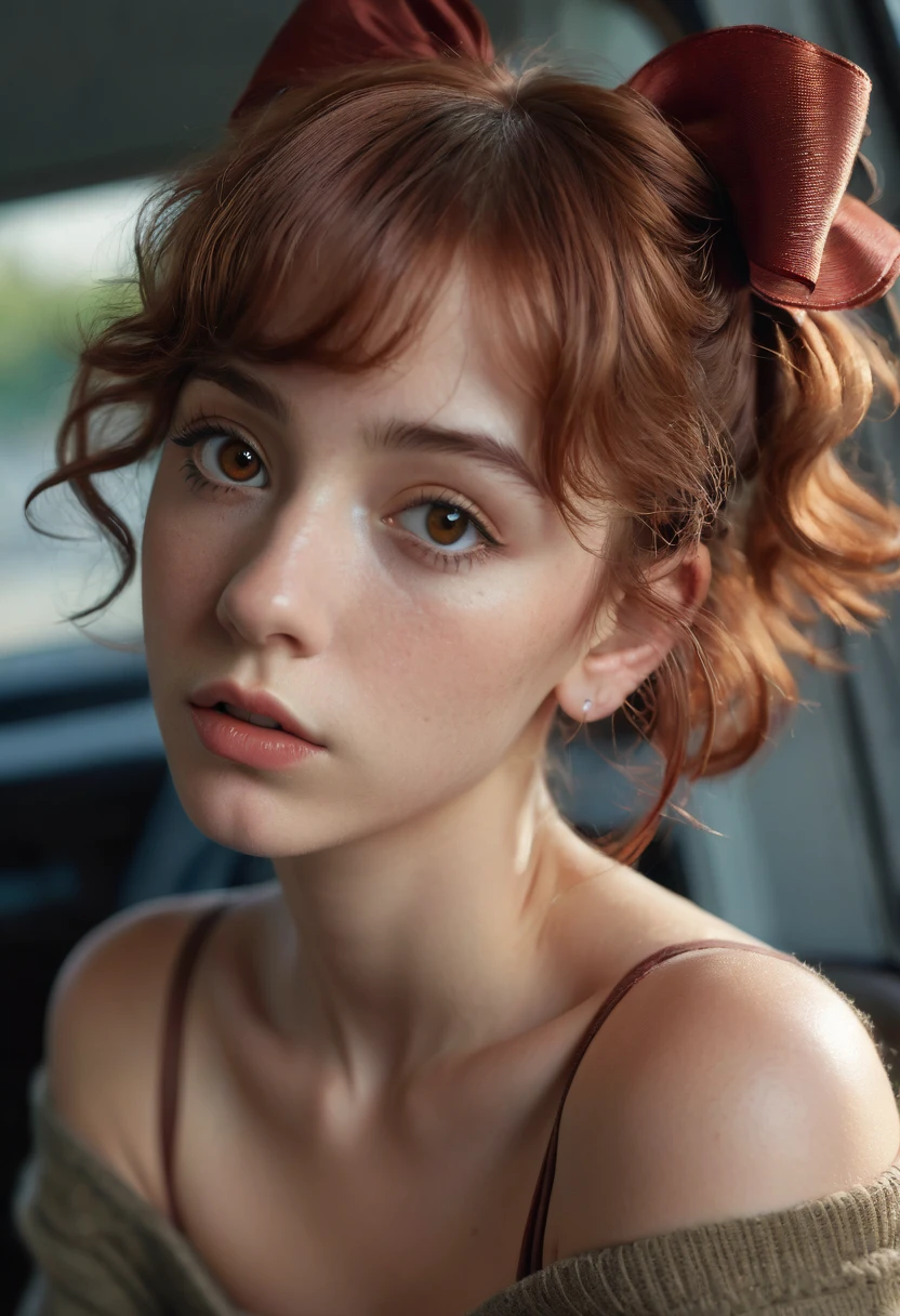 (best quality, 4k, highres, highres face details), illustration, style of Philip Lorca diCorcia, cinematic film still portrait of young girl aged 18 yrs old, 1girl, solo, Instagram model, athletic figure, perfect lips, fake lashes, modest bust size, deep cleavage, pretty face, wearing an off the shoulder brown sweater, wearing jean shorts, red hair, short curly hair, crossed bangs, brown eyes, constricted pupils, hair ribbon, hoop earrings, cinematic lighting, Ultra-Wide Angle, Canon, Hyperrealism, UHD, masterpiece, textured skin, high details, best quality, detailed eyes, detailed iris, whole body image