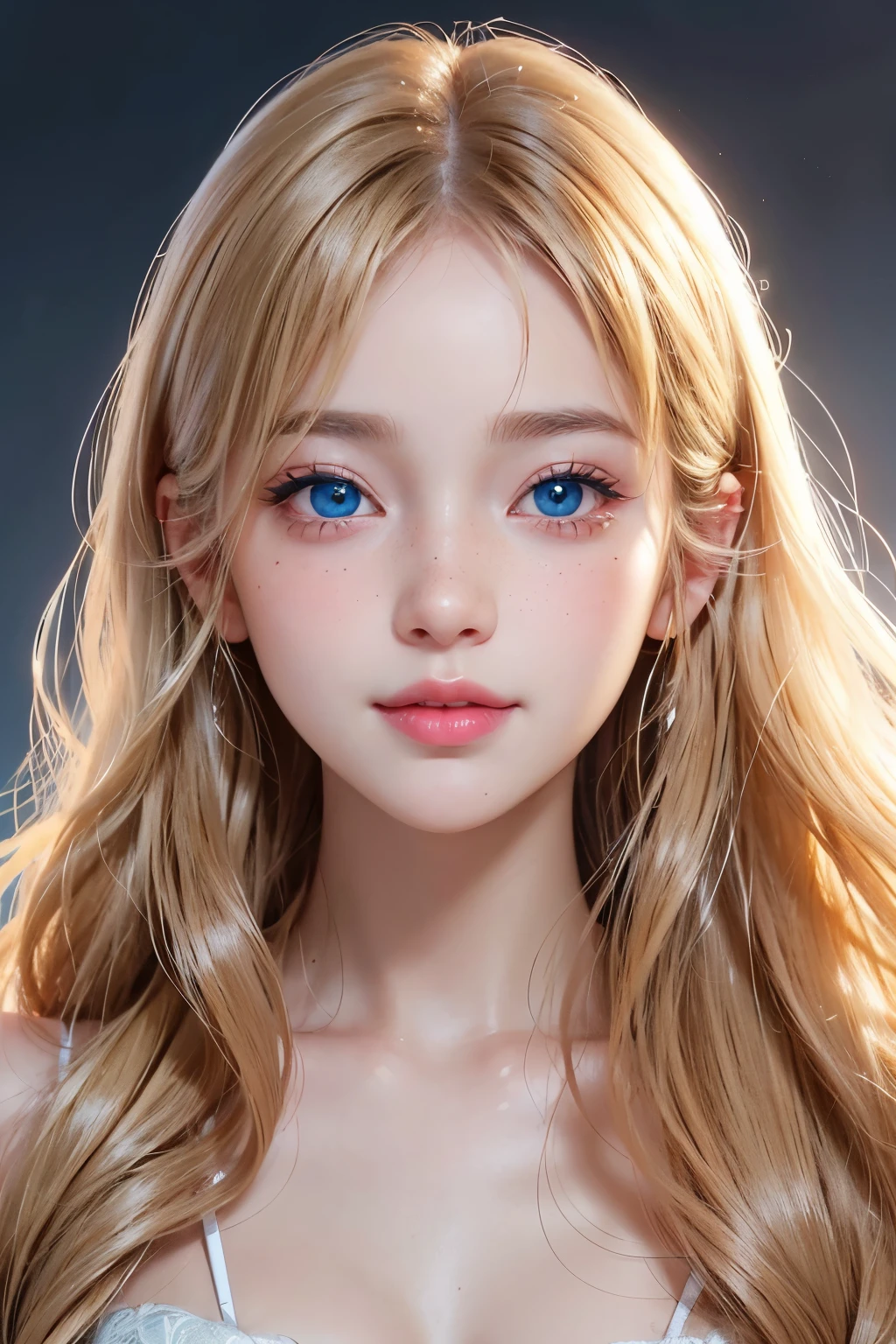 - like々Successfully、Attractive、A sweet and charming smile - Large sparkling blue eyes with long dark eyelashes - Small delicate nose and plump rosy lips - Clear glowing skin with natural soft blush on the cheeks - Light freckles across the nose and cheeks that accentuate her cuteness - Long, slightly natural wavy blonde hair Face only