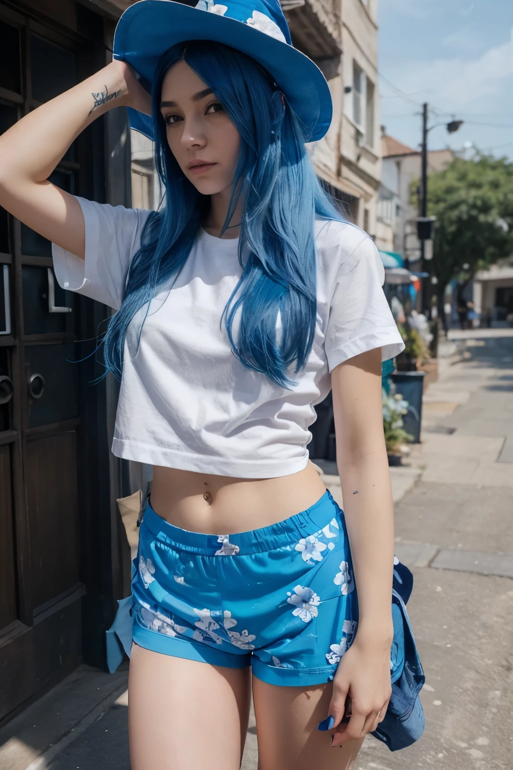 A female character with blue hair like a witch in the year 2024, long hair, wearing a white shirt with a blue flower pattern, black underpants, shorts.