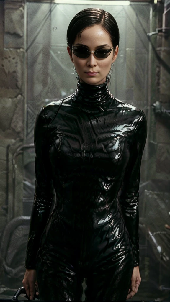 (Carrie-Ann Moss)(Trinity from The Matrix)short black hair,black (thin black sunglasses), gorgeous eyes, high arched eyebrows, seductive look,looking at viewer,big breasts,exposed cleavage,(black high gloss turtleneck vinyl jumpsuit:1.5), black leather pants, stilettos, midnight modern metropolis Paris France neon signs background, spot lighting, backlight on hair, shallow depth of field, bokeh, sexy pose, nipples, cameltoe:1.3, visible nipples