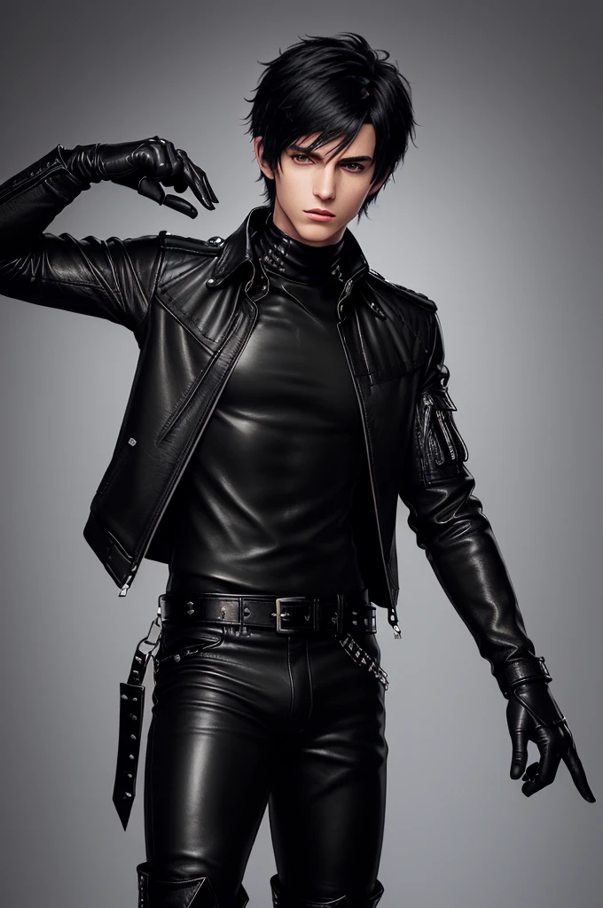 Final fantasy taste and reality graphics, ((Japanese young cute and cool ikemen  boy)), his age is early 20s, thin eyebrows and beady eyes,  ((he wearing black color leather  thick and heavy material jacket)), ((jacket is single-brest)),((jacket design is simple)), , ((jacket is large size)),((with epaulet)), ((jacket is long sleeve)), ((zip up, front of the leather jacket)), , ((voluminous leather jacket)), ,((jacket is high length, and stand-up collar)) ((jacket collar with two belts)), ((jacket is a little black color line pattern)), ((also wearing black thick material turtleneck lackluster shirts)),  ((tight black leather pants)),  ((put black leather tight and thin glove on both hands)), ((black leather glove)),((black leather knee-high raceup boots)),((must views  head-to-toe)),((must views whole body)), ,((Do not show skin from the neck down)),leather jacket leather glove and leather pants have few wrinkles, Avoid showing your innerwear,zip up jacket fastner.((must put on a leather glove)).
Boy is black hair.boy looks like fashion model.
Boy in the dim room.