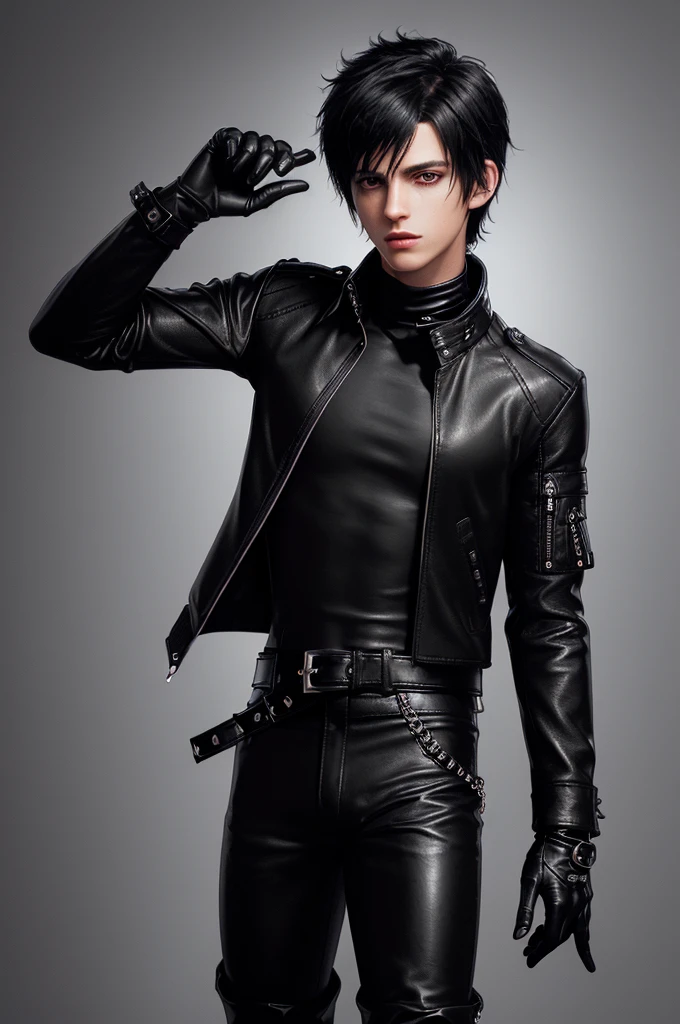 Final fantasy taste and reality graphics, ((Japanese young cute and cool ikemen  boy)), his age is early 20s, thin eyebrows and beady eyes,  ((he wearing black color leather  thick and heavy material jacket)), ((jacket is single-brest)),((jacket design is simple)), , ((jacket is large size)),((with epaulet)), ((jacket is long sleeve)), ((zip up, front of the leather jacket)), , ((voluminous leather jacket)), ,((jacket is high length, and stand-up collar)) ((jacket collar with two belts)), ((jacket is a little black color line pattern)), ((also wearing black thick material turtleneck lackluster shirts)),  ((tight black leather pants)),  ((put black leather tight and thin glove on both hands)), ((black leather glove)),((black leather knee-high raceup boots)),((must views  head-to-toe)),((must views whole body)), ,((Do not show skin from the neck down)),leather jacket leather glove and leather pants have few wrinkles, Avoid showing your innerwear,zip up jacket fastner.((must put on a leather glove)).
Boy is black hair.boy looks like fashion model.
Boy in the dim room.