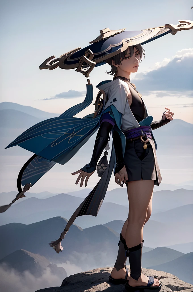 masterpiece, Best Quality,(tramp:1.2), Scaramouche (genshin impact), 1 chico, male focus, Alone, outdoor, cloud, standing, move, sky, hand in hats, vest,(Gray background:1.4),(KBXLLL:0.6), wearing male japanese . 