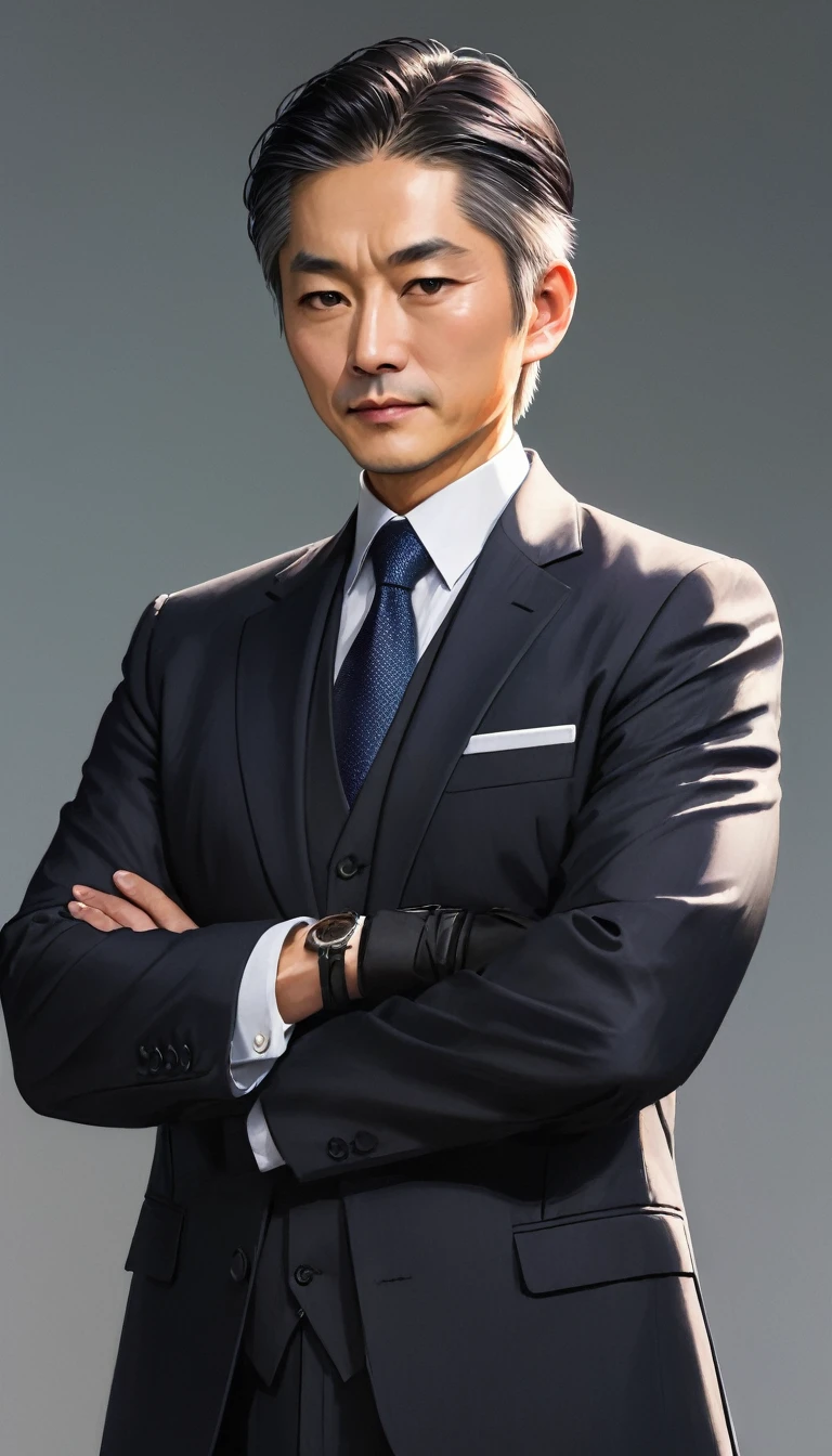A middle-aged Asian man in a suit stood with his arms crossed.