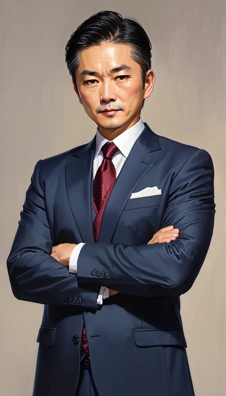 A middle-aged Asian man in a suit stood with his arms crossed.