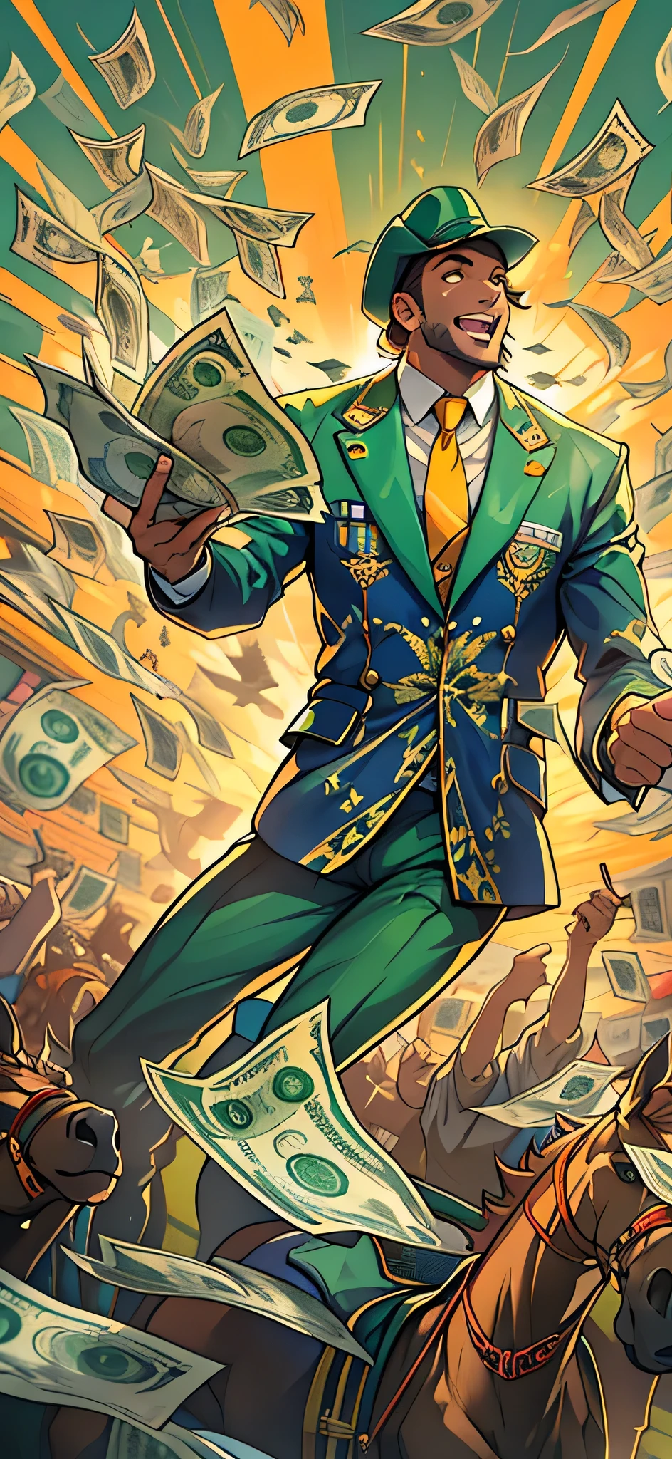 Create a vibrant and extravagant horse racing scene featuring a confident ESTP male wearing green clothes, celebrating a big win. The man is holding a large stack of betting slips in both hands and is surrounded by flying cash. The background should include excited spectators, dynamic horse races in action, and horses visible on the racetrack. Emphasize the thrill and madness of the moment with colorful effects, sparkling lights, and dynamic energy, creating a wild and crazy atmosphere.