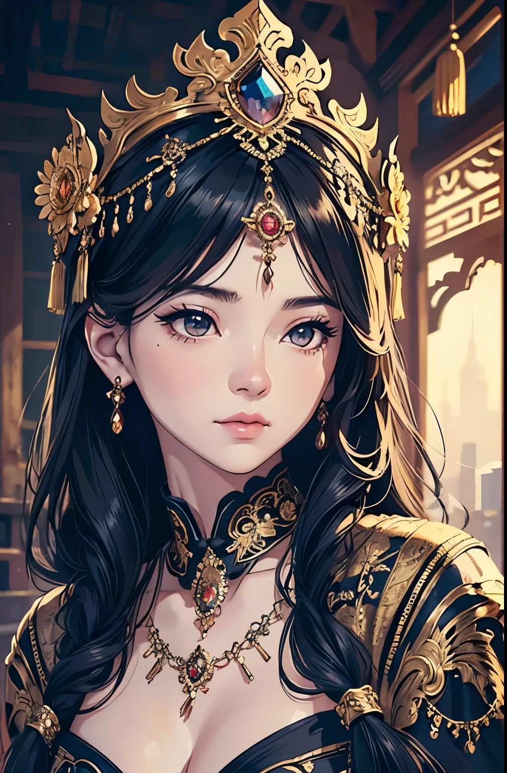 1girl, long black hair, beautiful detailed eyes, beautiful detailed face, detailed jewelry, chinese,resting pose, solitary, intricate ornate art, detailed ornate headdress, (best quality,4k,8k,highres,masterpiece:1.2),ultra-detailed,(realistic,photorealistic,photo-realistic:1.37),dramatic lighting,cinematic composition,intricate detailed background,glowing soft lighting,ethereal atmosphere