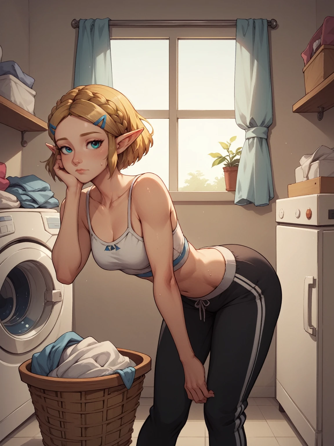 score_9, score_8_up, score_7_up, score_6_up BREAK solo,cowboy shot,laundry room,princess zelda,short hair,laundry basket, washing machine,dirty clothes,sweatpants,midriff,bored,leaning,chin rest,bent over,window