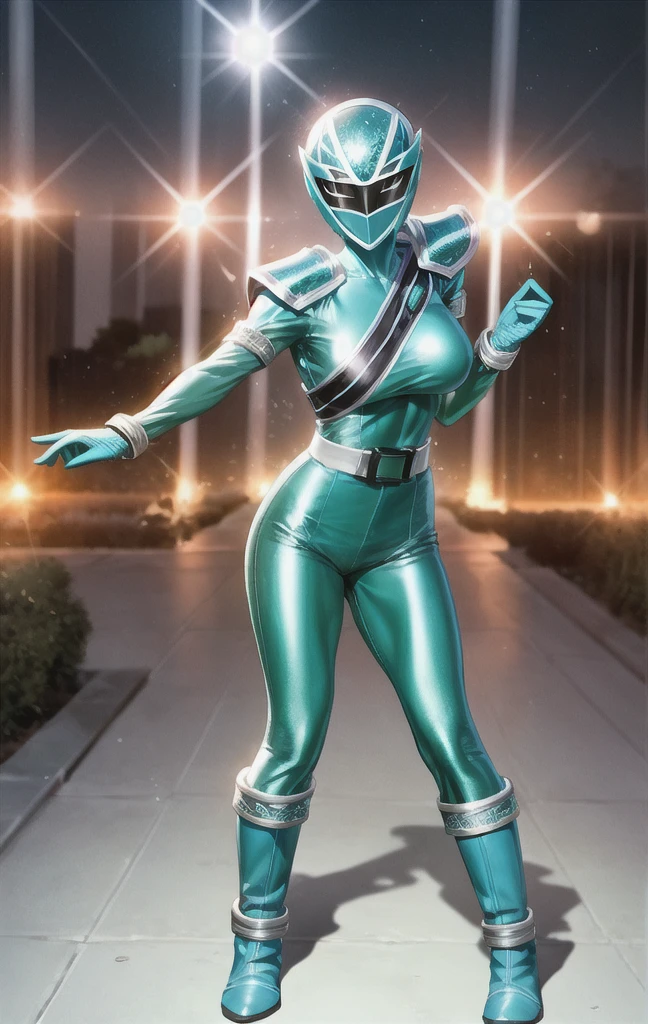 (full body),(Highly detailed CG), (Highest quality), Perfect Face,Perfect female body, Glowing Skin, Shiny skin, One girl,alone,Dynamic pose,Fighting Pose,Mature Woman,Large Breasts,Abdominal muscles, Kiramei Green, Helmet, belt, Bodysuits, boots, gloves, green Bodysuits,Shoulder Armor, Arm guard, Shingard, foot armor, breastplate,Night city background,visor, mask, Shiny clothes, (Camel Toe:0.4),