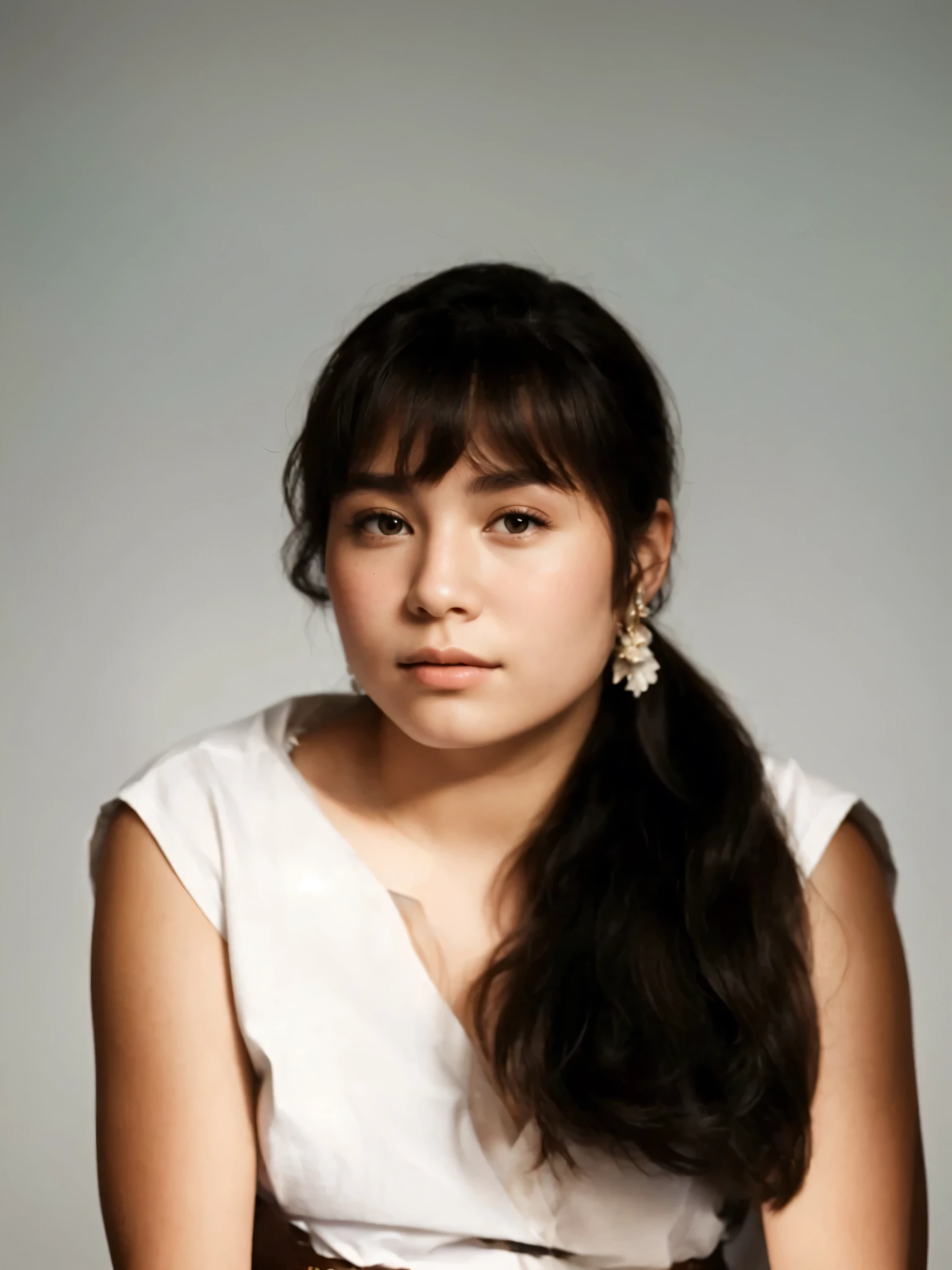 Make this photo look realistic and detailed, arafed woman with long hair and a white shirt posing for a picture, a colorized photo, award winning colorized photo, colorized photo, restored photo, colorized 1 9 0 4 photo, colorized photograph, ancient libu young girl, colourized, around 1 9 , traditional art, portrait of a young pocahontas, aged 13