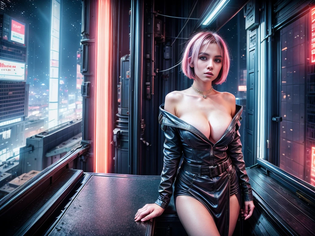 A beautiful European girl, on the roof of cyberpunk building, neon, serious face, wearing purple medieval dress, jewelry, cleavage, full body. She is 24 years old, has Split-Color Hair, blond hair, egyptian_bob_hairstyle and blue eyes. Her cloth is stylish and her overall appearance is stunning. The girl's face is extremely detailed with beautifully detailed lips. Her skin is anatomically correct with realistic textures. The image should have super high details and be of the best quality, with a resolution of 8K. The final result should be a masterpiece, showcasing the girl's beauty and the vibrant atmosphere of The neon cyberpunk city and the night