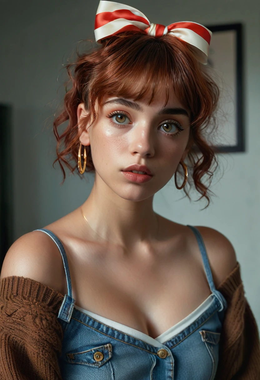 (best quality, 4k, highres, highres face details), illustration, style of Philip Lorca diCorcia, cinematic film still portrait of young girl aged 18 yrs old, 1girl, solo, Instagram model, athletic figure, tan skin, perfect lips, fake lashes, modest bust size, deep cleavage, pretty face, wearing an off the shoulder brown sweater, wearing jean shorts, red hair, short curly hair, crossed bangs, brown eyes, constricted pupils, hair ribbon, hoop earrings, cinematic lighting, Ultra-Wide Angle, Canon, Hyperrealism, UHD, masterpiece, textured skin, high details, best quality, detailed eyes, detailed iris, whole body image