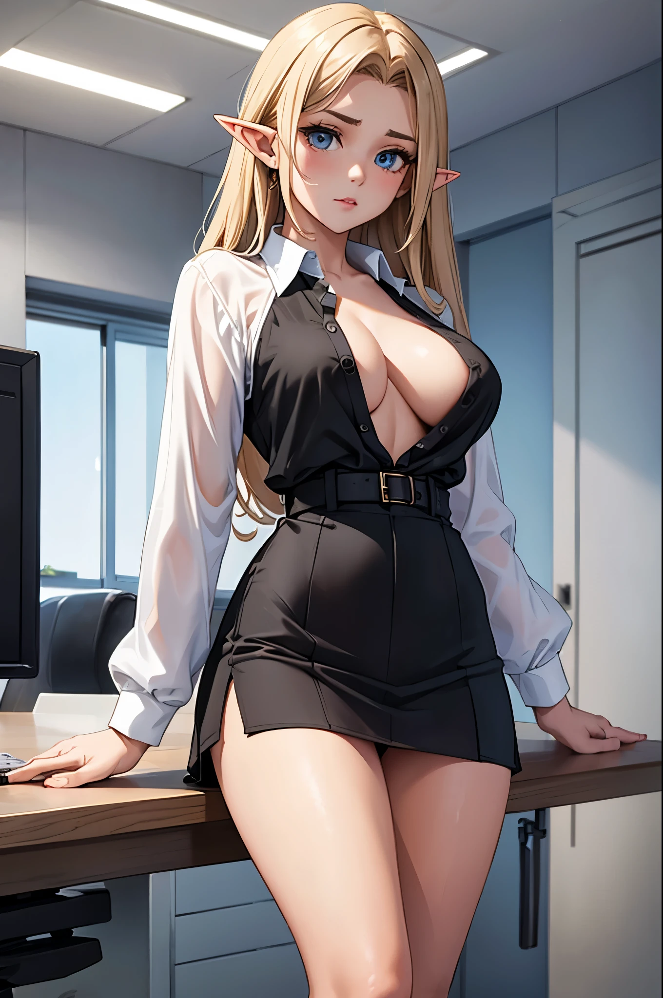 20 year old girl, black office miniskirt, white transparent blouse unbuttoned, Elf&#39;s ears, naked