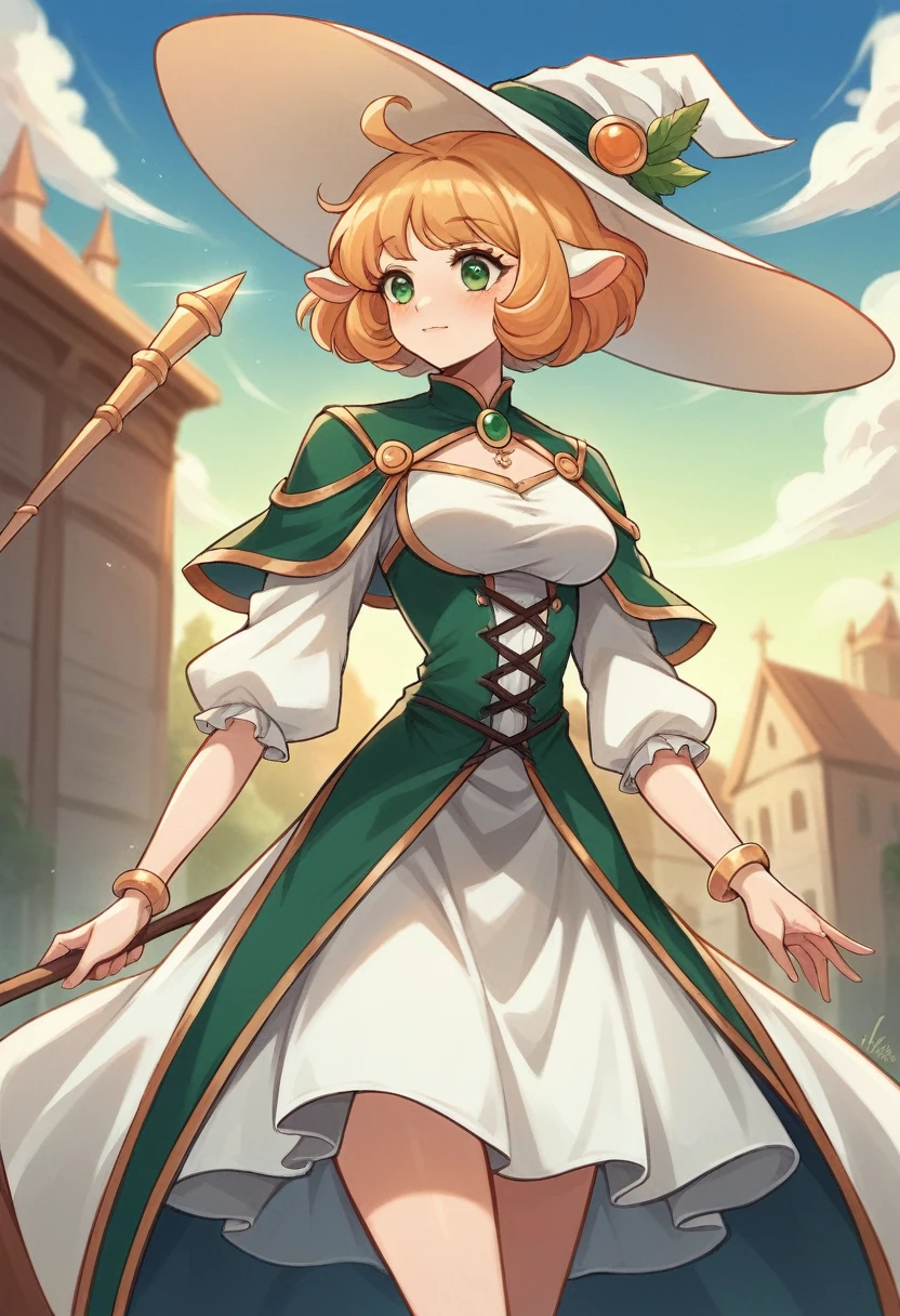 witch princess, Mamihlapinatapai, jaunty dapper panglossian , green, irish, in the background there is a beautiful hill with small sheep and blue sky, sunstreaks with rays of gold, the witch princess is holding a beautiful white staff, her waist high skirt is detailed with four leaf clovers,
