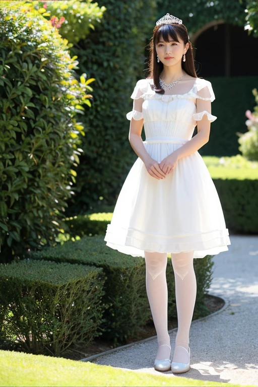 Girl in the palace garden,White princess dress with frills,tiara,necklace,Earrings,No lipstick,See-through tights,18-year-old,A small smile,feet,Straight hair,From below,Front light