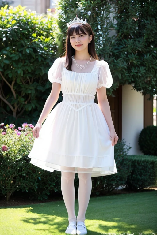 Girl in the palace garden,White princess dress with frills,tiara,necklace,Earrings,No lipstick,See-through tights,18-year-old,A small smile,feet,Straight hair,From below,Front light