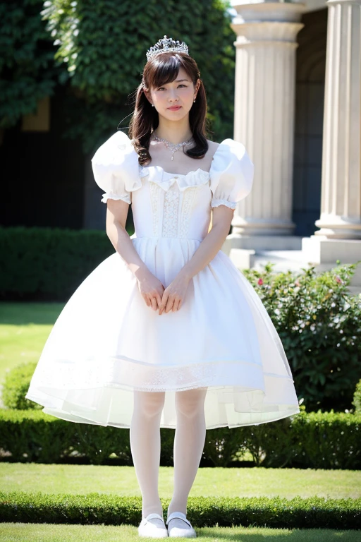 Girl in the palace garden,White princess dress with frills,tiara,necklace,Earrings,No lipstick,See-through tights,18-year-old,A small smile,feet,Straight hair,From below,Front light