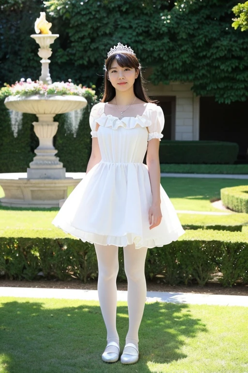 Girl in the palace garden,White princess dress with frills,tiara,necklace,Earrings,No lipstick,See-through tights,18-year-old,A small smile,feet,Straight hair,From below,Front light