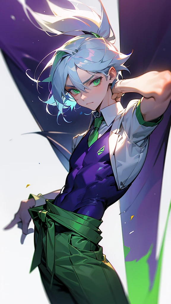 play a 19 year old boy with white hair and light green eyes wearing an Australian  with a purple vest that reaches his waist in front of a school 