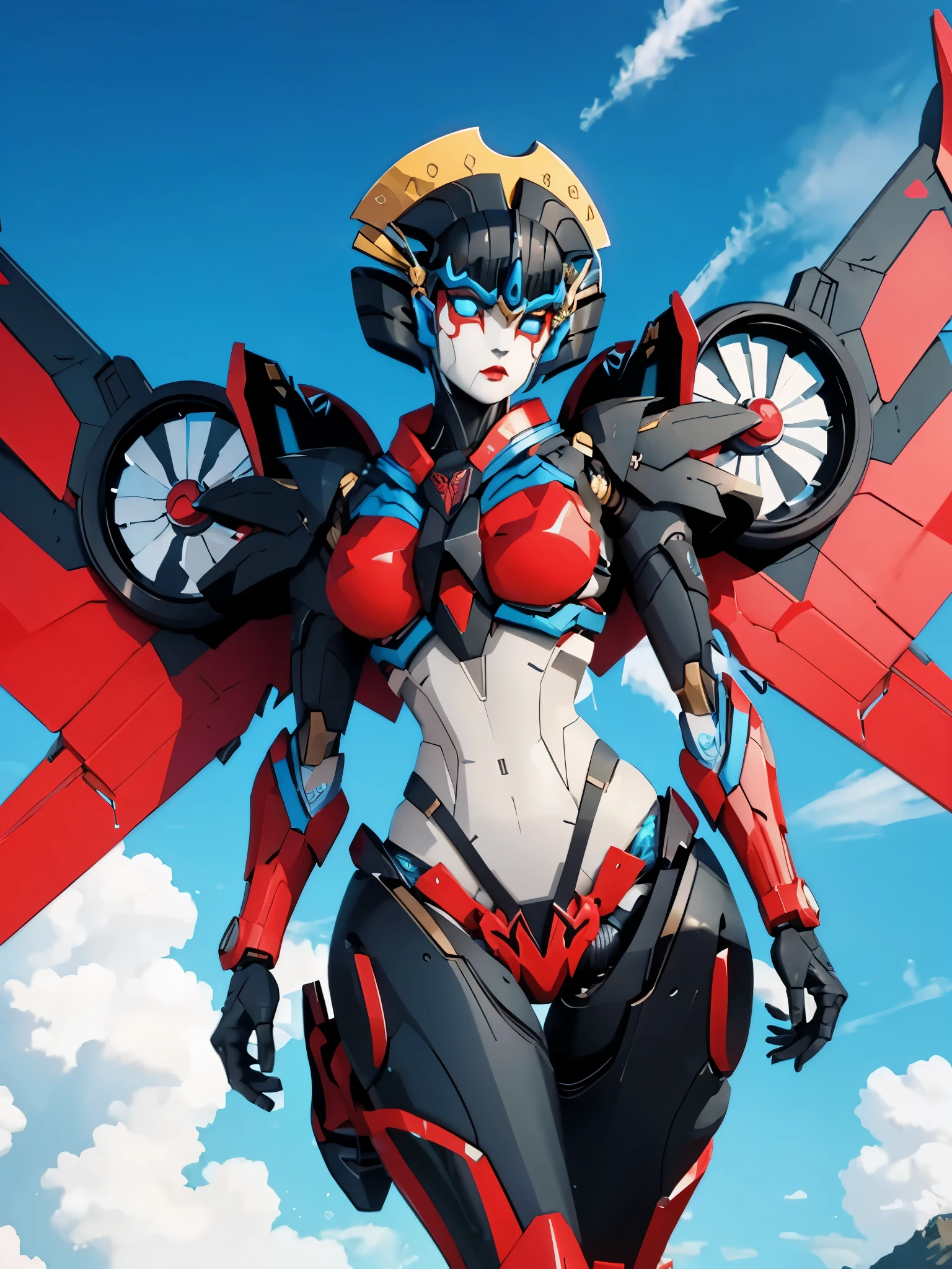 windblade, robot, mecha, autobot, sexy pose, ((wings)), flying through the air, full body, blue sky, clouds, thrust from her heels