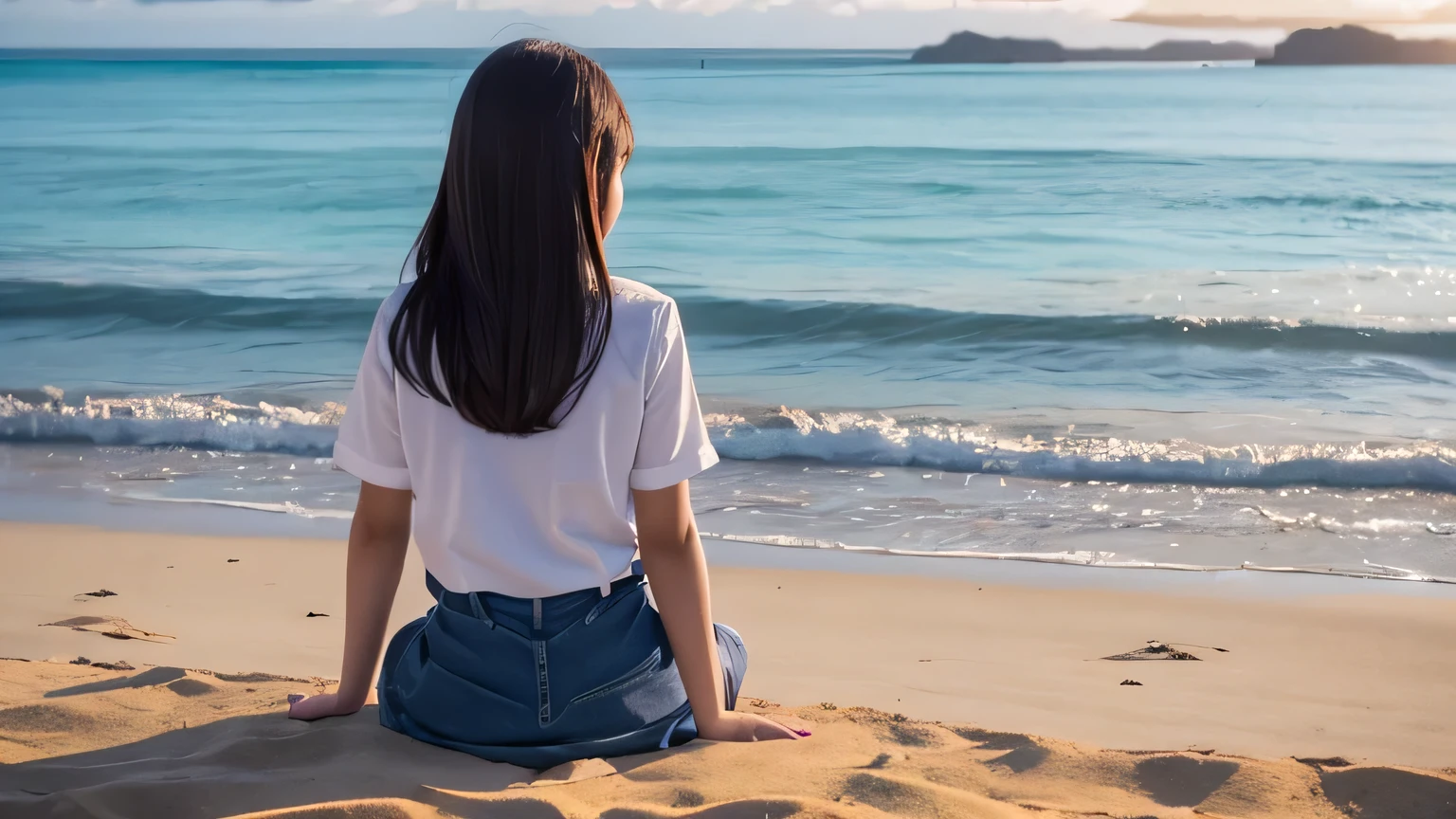 A student girl sitting on the beach and looking at the sea Back view Sun and sand sunset View from afar