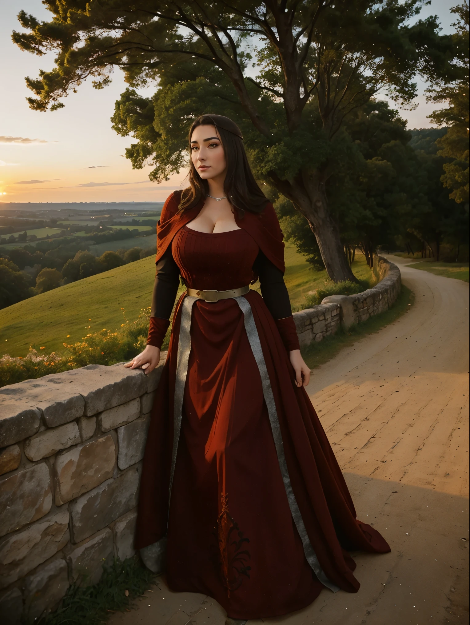 Gorgeous and sultry busty athletic (thin) brunette queen with sharp facial features wearing a modest updo, dark red medieval dress, long sleeves, intricate patterns, scrollwork, wide neck, crown, veil, long dress, modest dress, tight bodice, silver belt, (waist chain), medieval jewelry, Middle Ages, castle, rampart, wall, exterior, on top of a castle wall, trees, countryside, evening, sunset.
