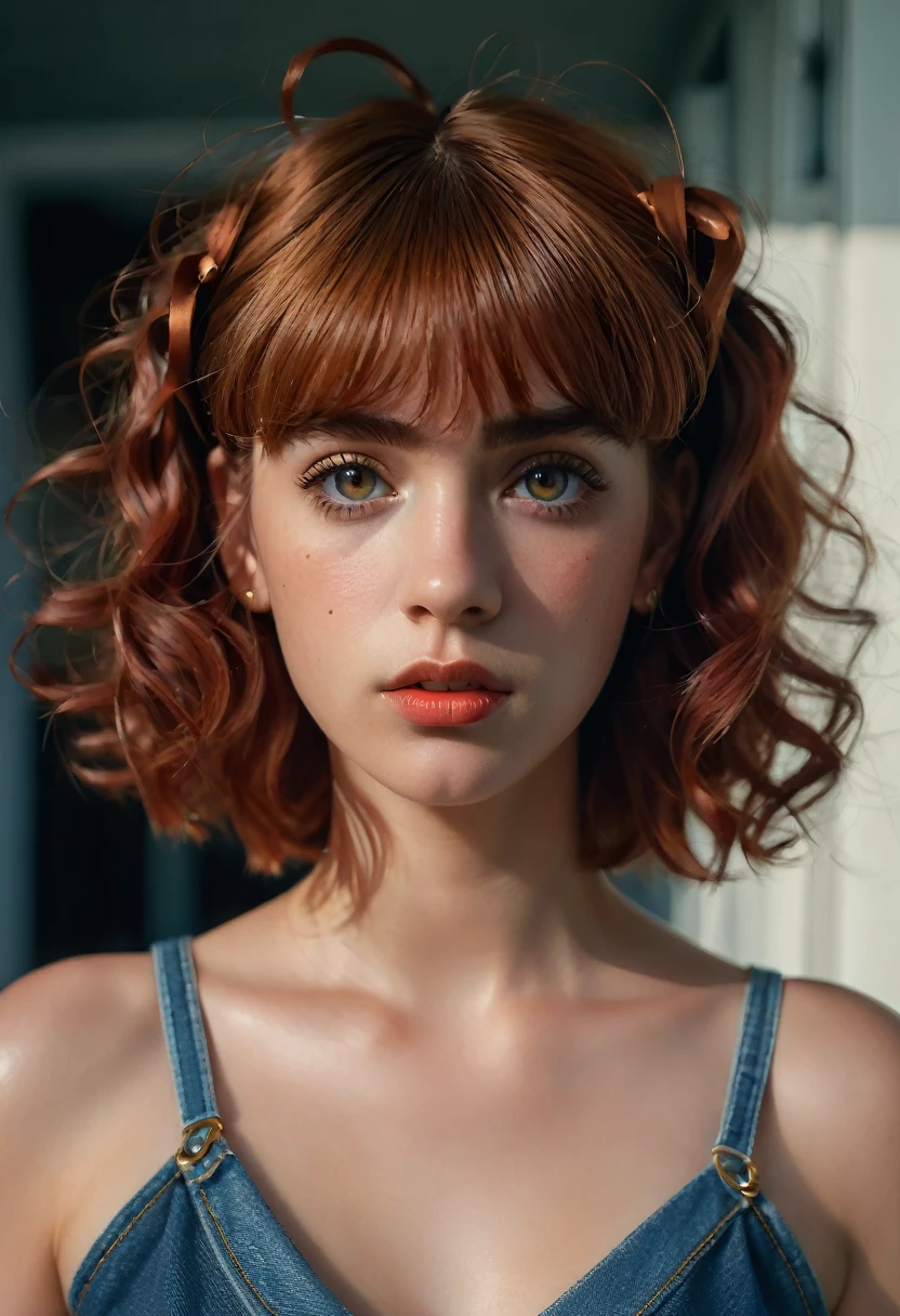 (best quality, 4k, highres, highres face details), illustration, style of Philip Lorca diCorcia, cinematic film still portrait of young girl aged 18 yrs old, 1girl, solo, Instagram model, athletic figure, tan skin, perfect lips, fake lashes, modest bust size, deep cleavage, pretty face, wearing an off the shoulder brown sweater, wearing jean shorts, red hair, short curly hair, crossed bangs, brown eyes, constricted pupils, hair ribbon, hoop earrings, cinematic lighting, Ultra-Wide Angle, Canon, Hyperrealism, UHD, masterpiece, textured skin, high details, best quality, detailed eyes, detailed iris, whole body image