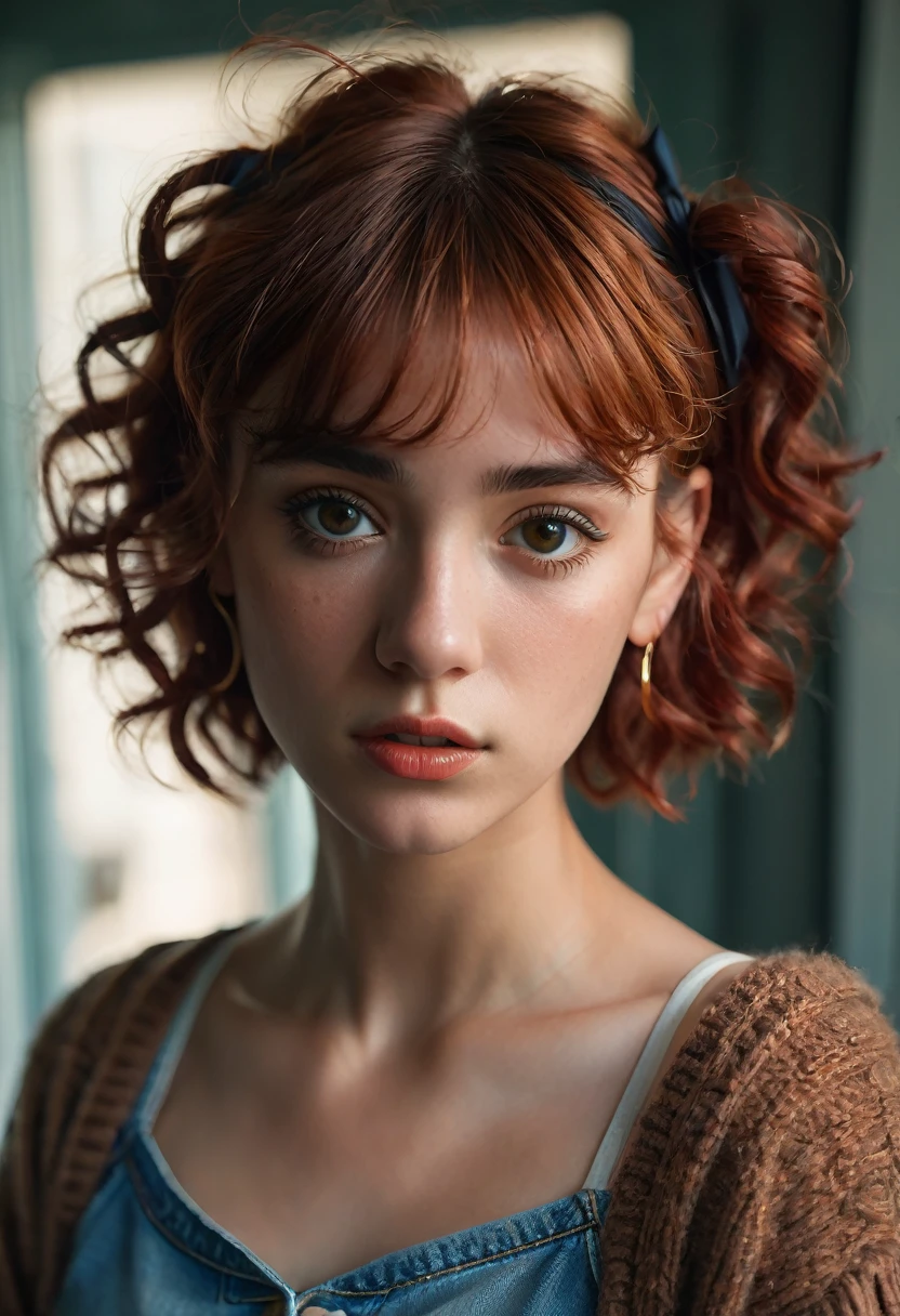 (best quality, 4k, highres, highres face details), illustration, style of Philip Lorca diCorcia, cinematic film still portrait of young girl aged 18 yrs old, 1girl, solo, Instagram model, athletic figure, tan skin, perfect lips, fake lashes, modest bust size, deep cleavage, pretty face, wearing an off the shoulder brown sweater, wearing jean shorts, red hair, short curly hair, crossed bangs, brown eyes, constricted pupils, hair ribbon, hoop earrings, cinematic lighting, Ultra-Wide Angle, Canon, Hyperrealism, UHD, masterpiece, textured skin, high details, best quality, detailed eyes, detailed iris, whole body image